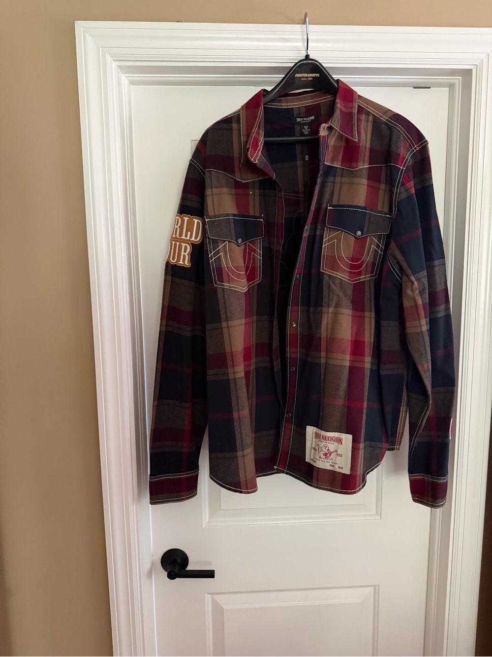 True Religion Men’s Plaid Button-Down Shirt Jacket - Brown, Red & Black